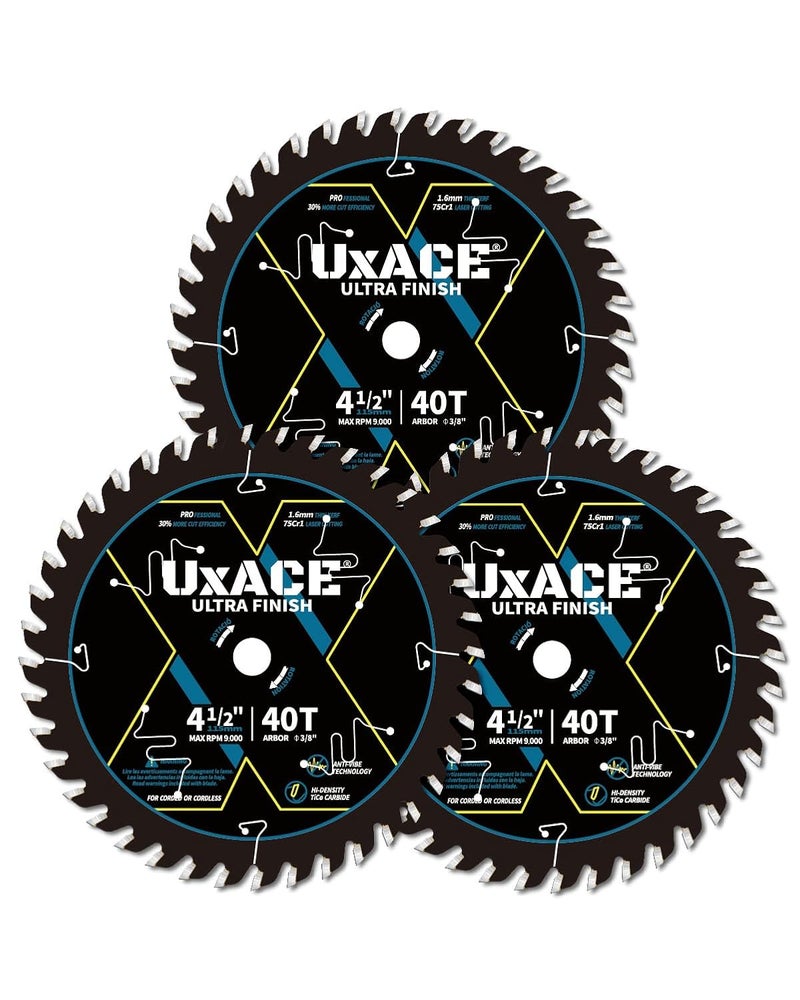 UXACE 4-1/2-Inch 40-Tooth Circular Saw Blade with 3/8-Inch Arbor, Ultra Finish Wood Cutting, Carbide Tip, Thin Kerf, for Plywood, MDF, OSB, Laminated, 3 Pack - Image 1